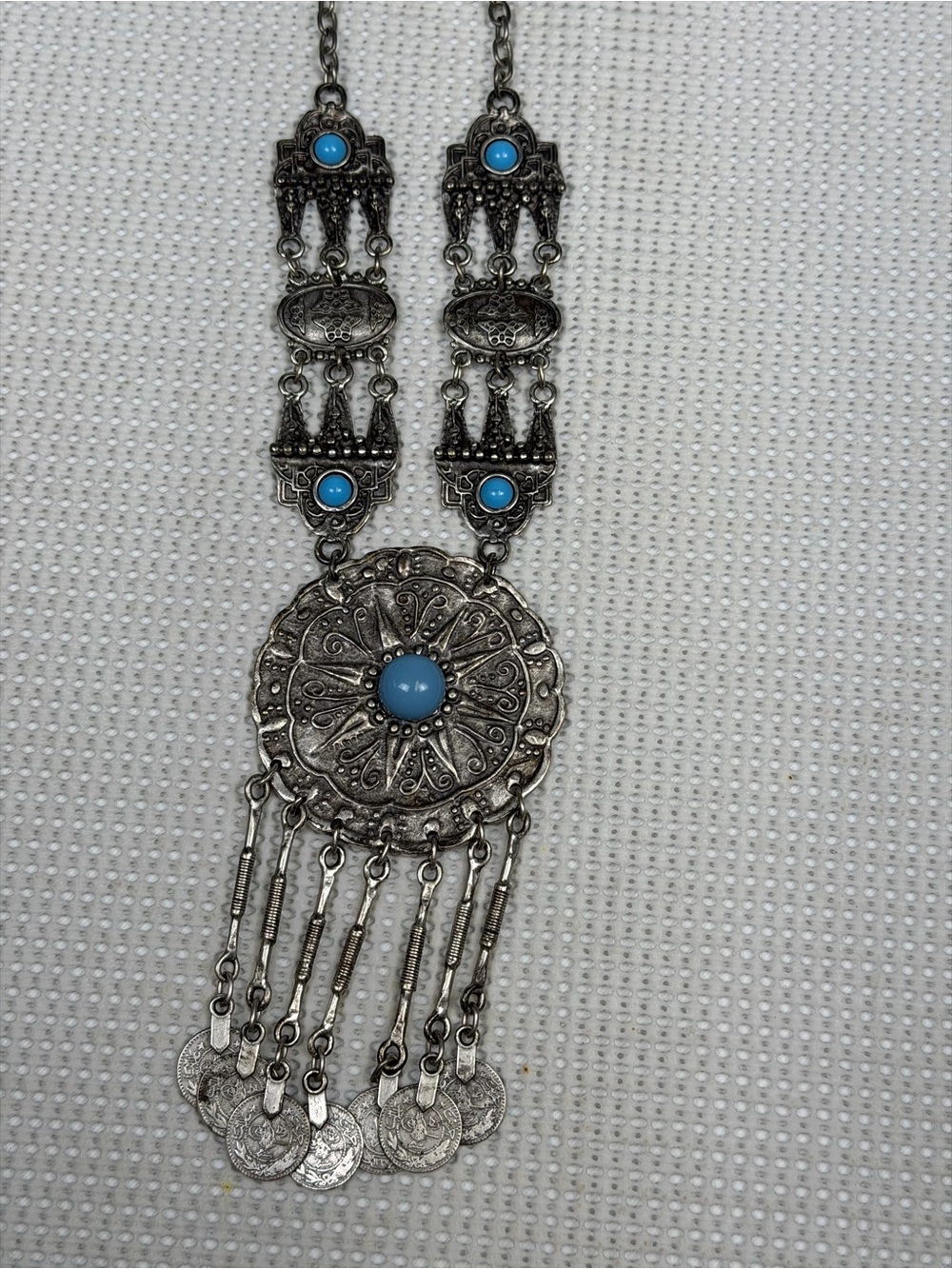 Faux Turquoise Silver-Tone Boho Medallion Native American inspired Bold Necklace